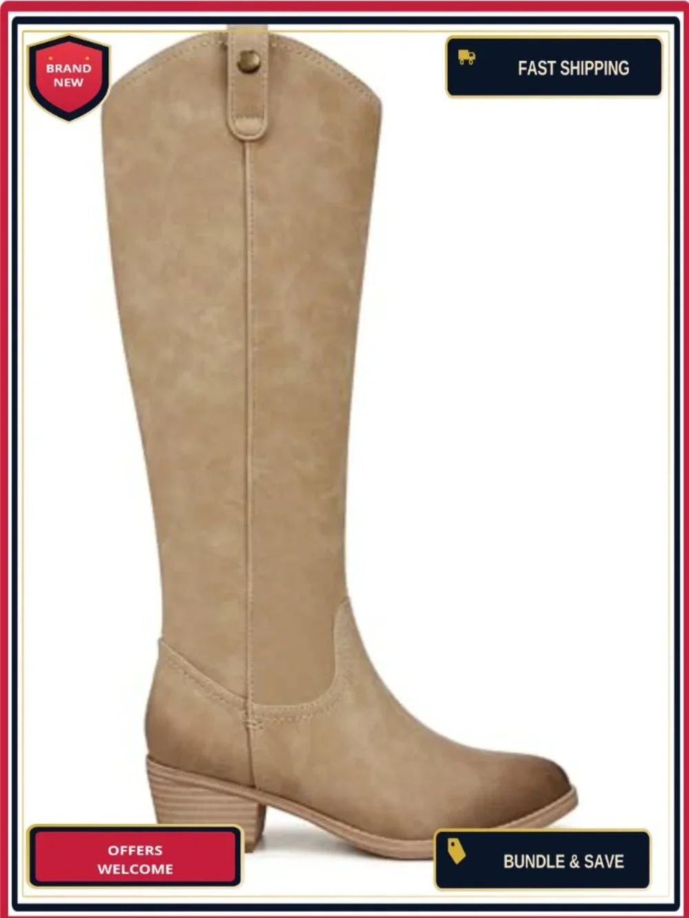 Synthetic Knee-High Western Boots with Block Heel - Women's